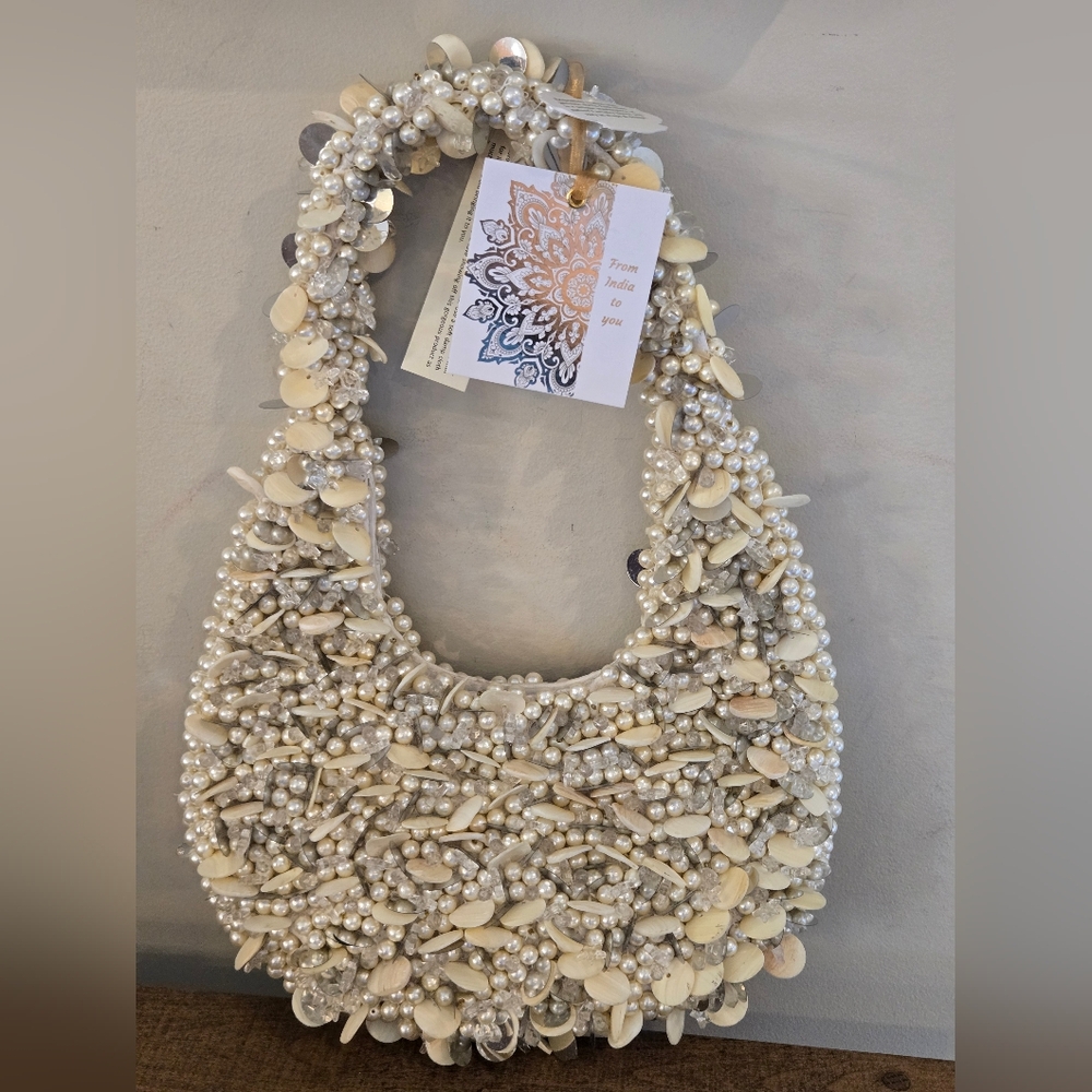 From India to You crystal and faux pearl beaded satchel purse